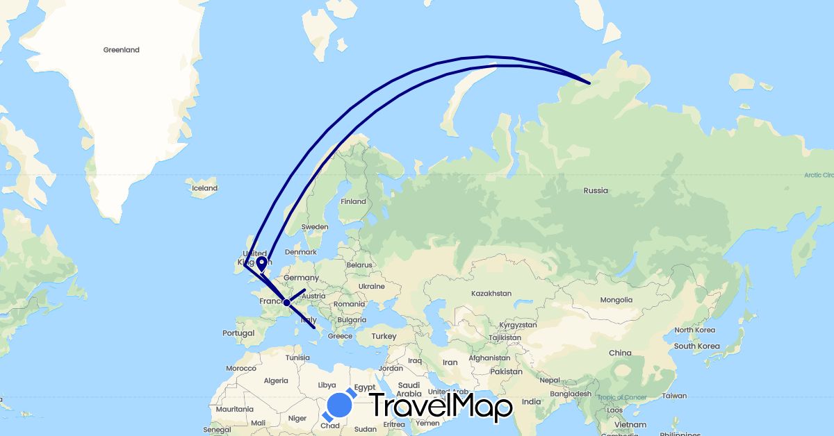 TravelMap itinerary: driving in Switzerland, Germany, United Kingdom, Ireland, Italy, Russia (Europe)